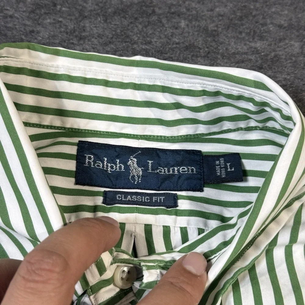 VTG Polo Ralph Lauren Classic Fit Shirt Men's L Green Striped Orange Pony 90s